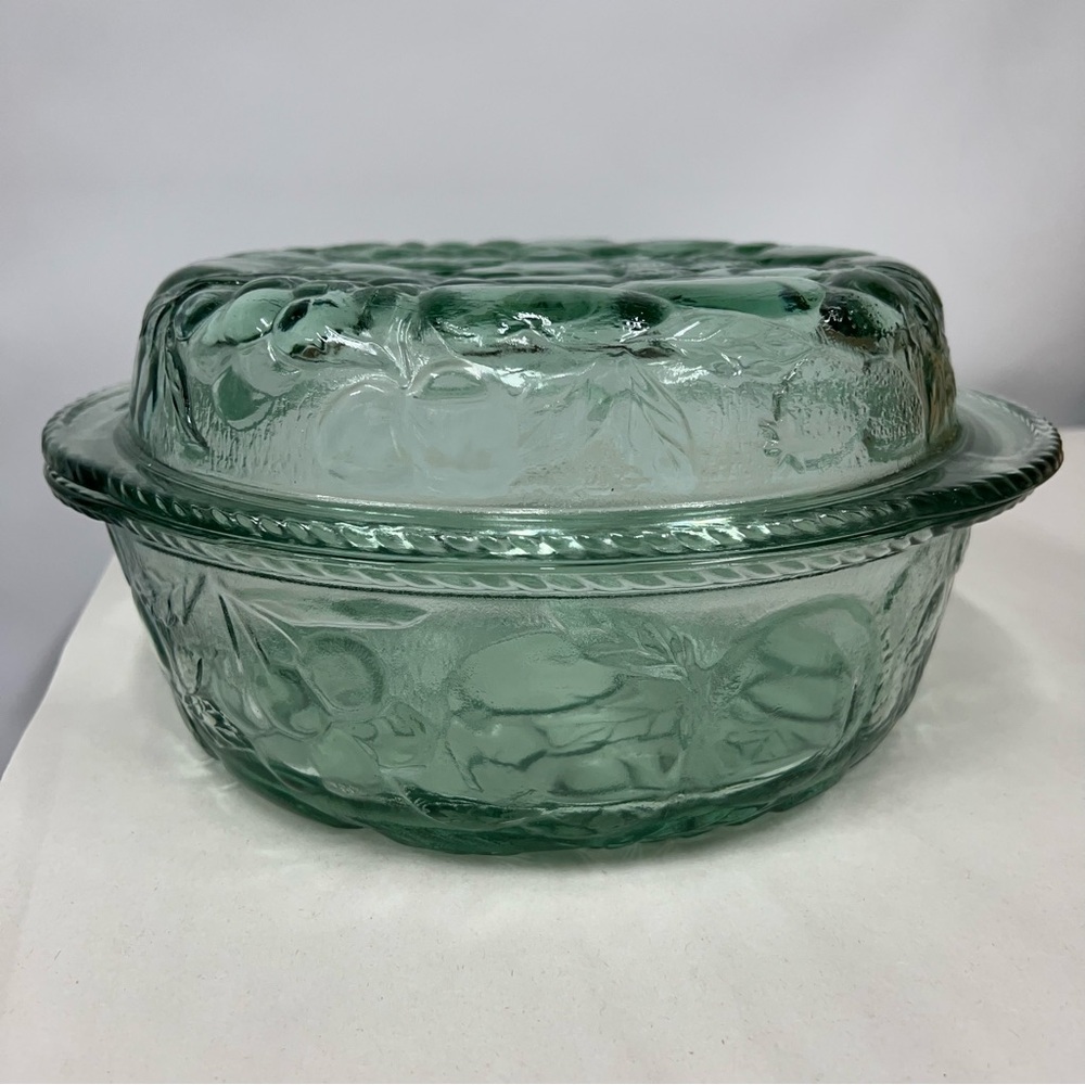 Vintage Libbey Orchard Fruit green glass casserole dish w/pie plate lid ovensafe